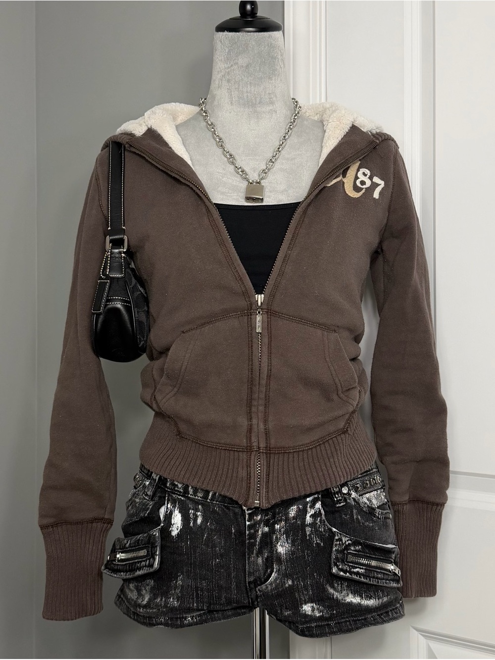 Y2K Aeropostale Brown Faux Fur Lined Embroidered Zip Up Hoodie
